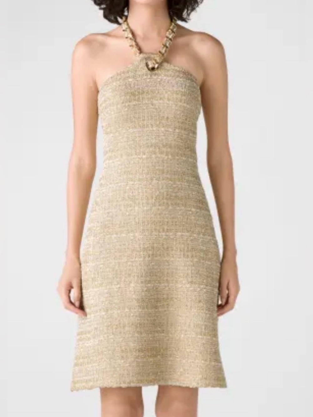 St. John Chain-Necklace Metallic Eyelash Tweed Knit Halter Dress Size 18 NWT